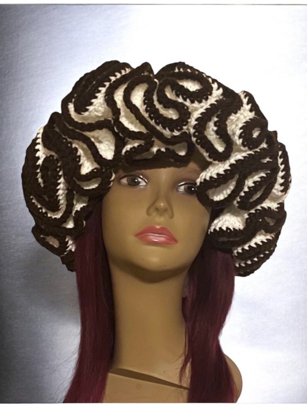 Brown and White Handmade Crochet Ruffle  Hat